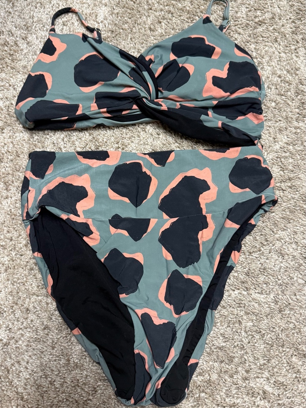 Twist-Front High-Waist Bikini Set in Sage Green with Black & Coral